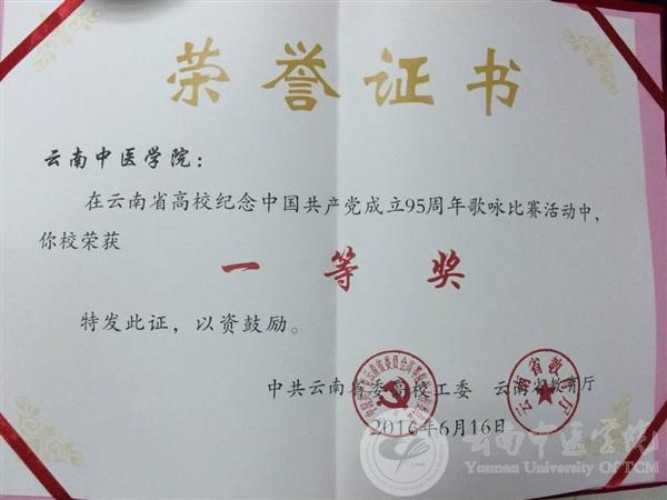 云南中医学院在云南省高校纪念中国共产党成立95周年歌咏比赛中获得一等奖